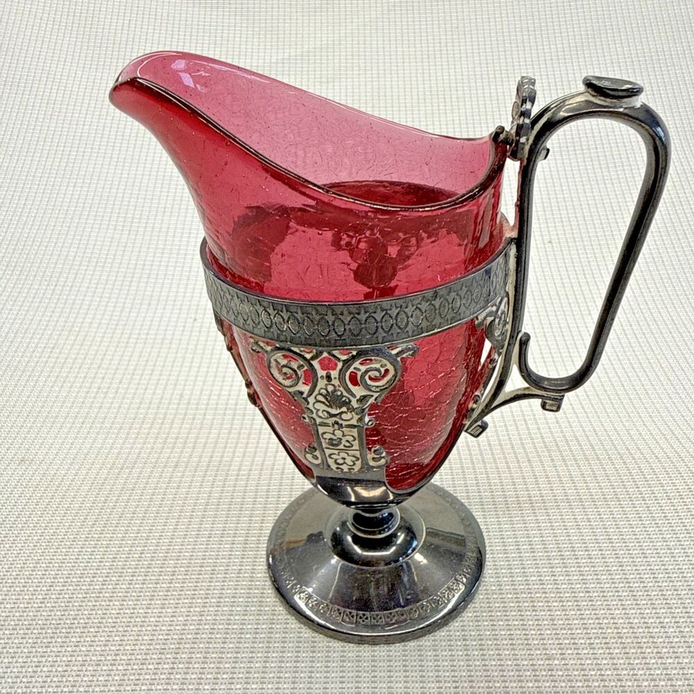 Vintage WM. A. Rogers Red Crackle Glass Creamer Silver Plate Base Oneida